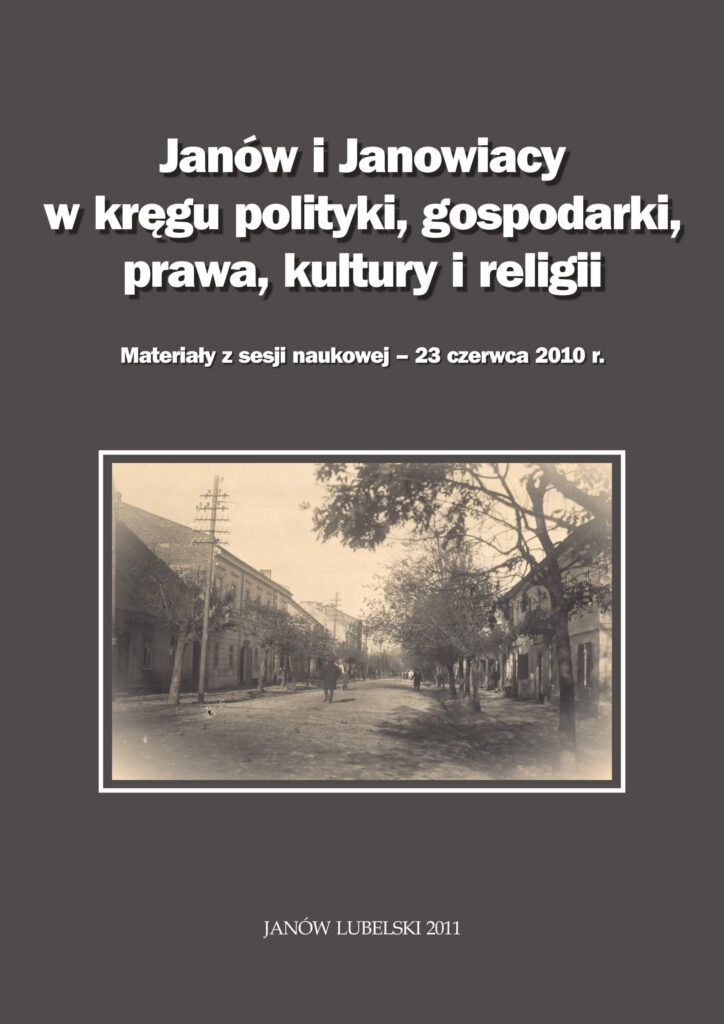Ulica z drzewami i domami po obu stronach, kilka postaci idących drogą, zdjęcie w sepii na szarym tle.