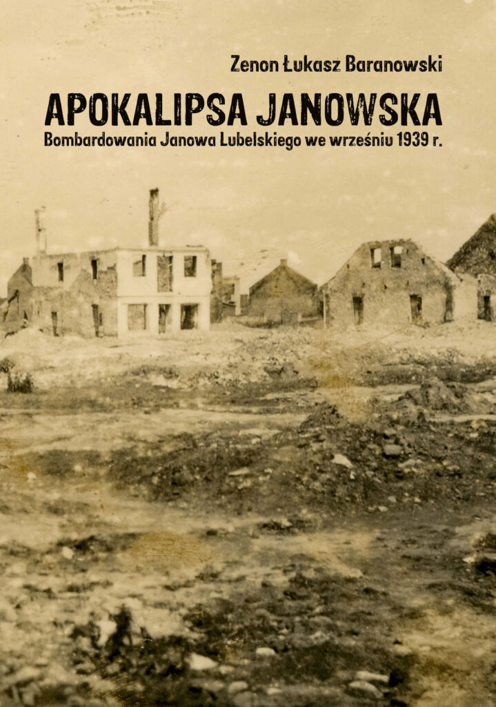 Zrujnowane budynki na tle zniszczonego terenu w sepii, napis w górnej części obrazu.