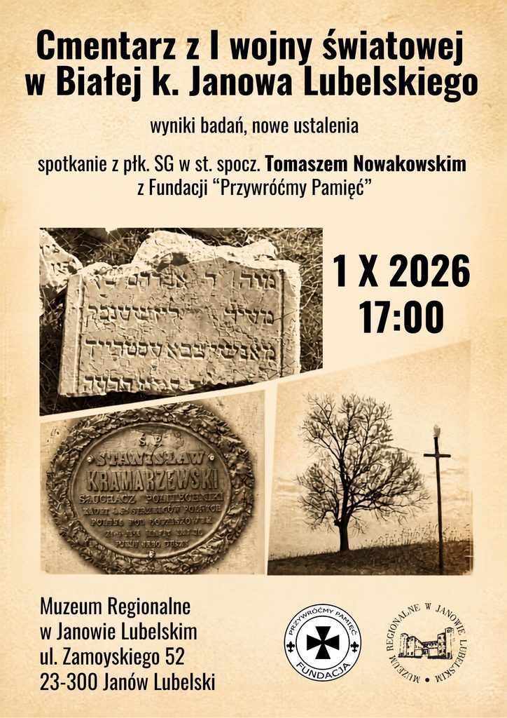 Czarny napis na beżowym tle, zdjęcia nagrobków i drzewa z krzyżem, dwa okrągłe logotypy, informacja o spotkaniu o cmentarzu I wojny światowej, data i miejsce.