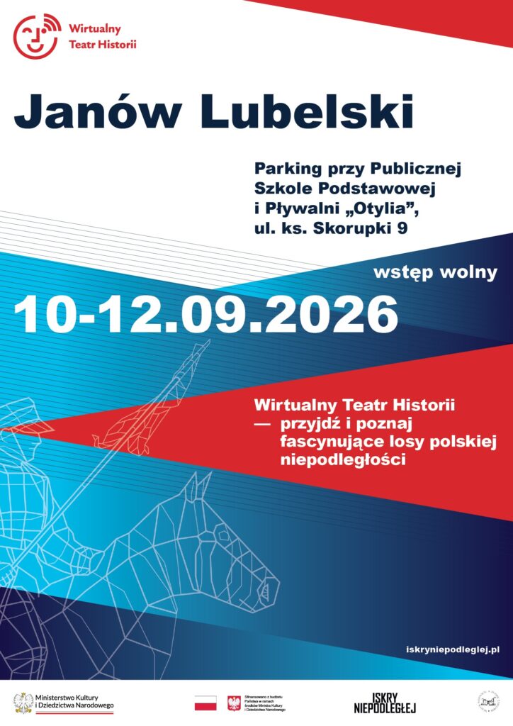 Plakat z informacją o wydarzeniu Wirtualny Teatr Historii w Janowie Lubelskim, data 10-12.09.2026, miejsce parking przy szkole i pływalni, kolory biały, niebieski, czerwony, zarys żołnierza i konia.